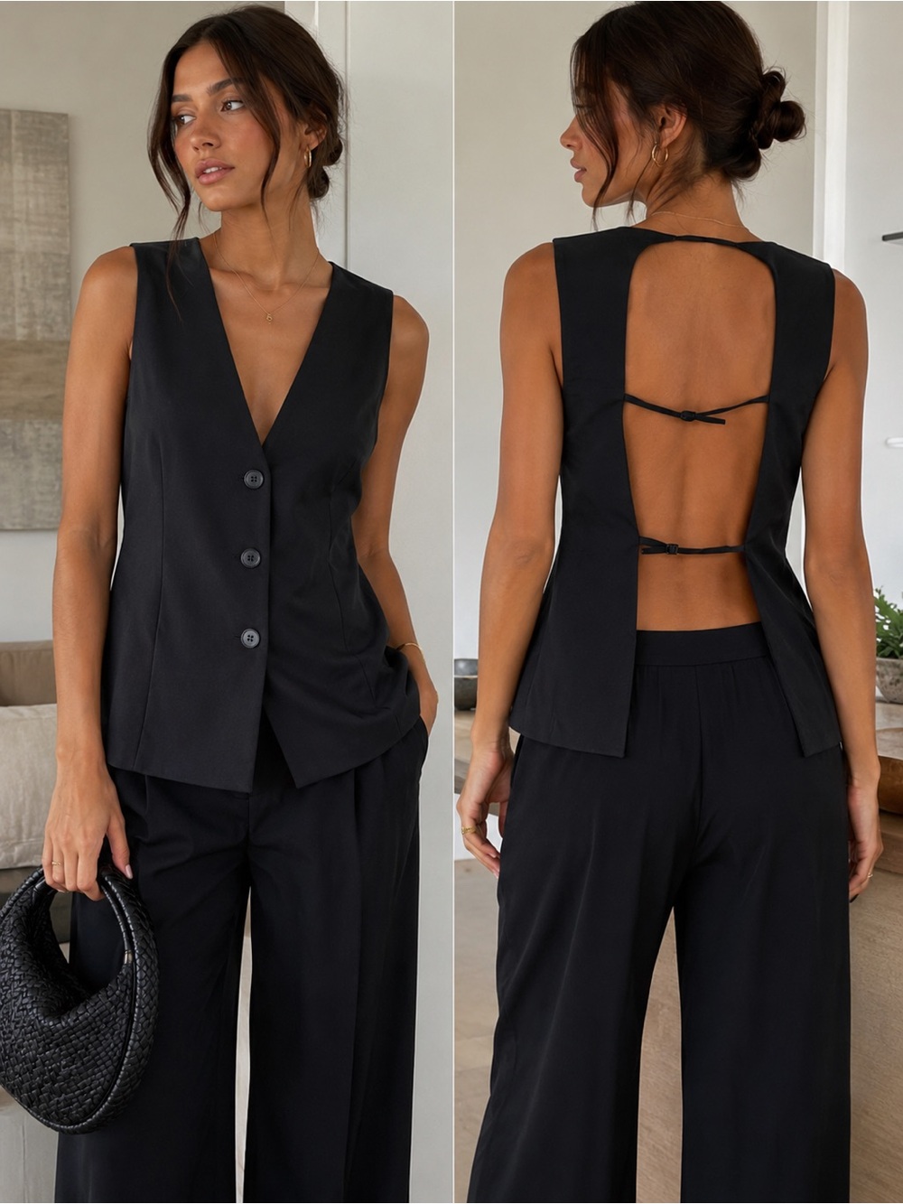 NWOT ZARA Black Open Back Tailored Vest Button Front V-Neck Sleeveless Large